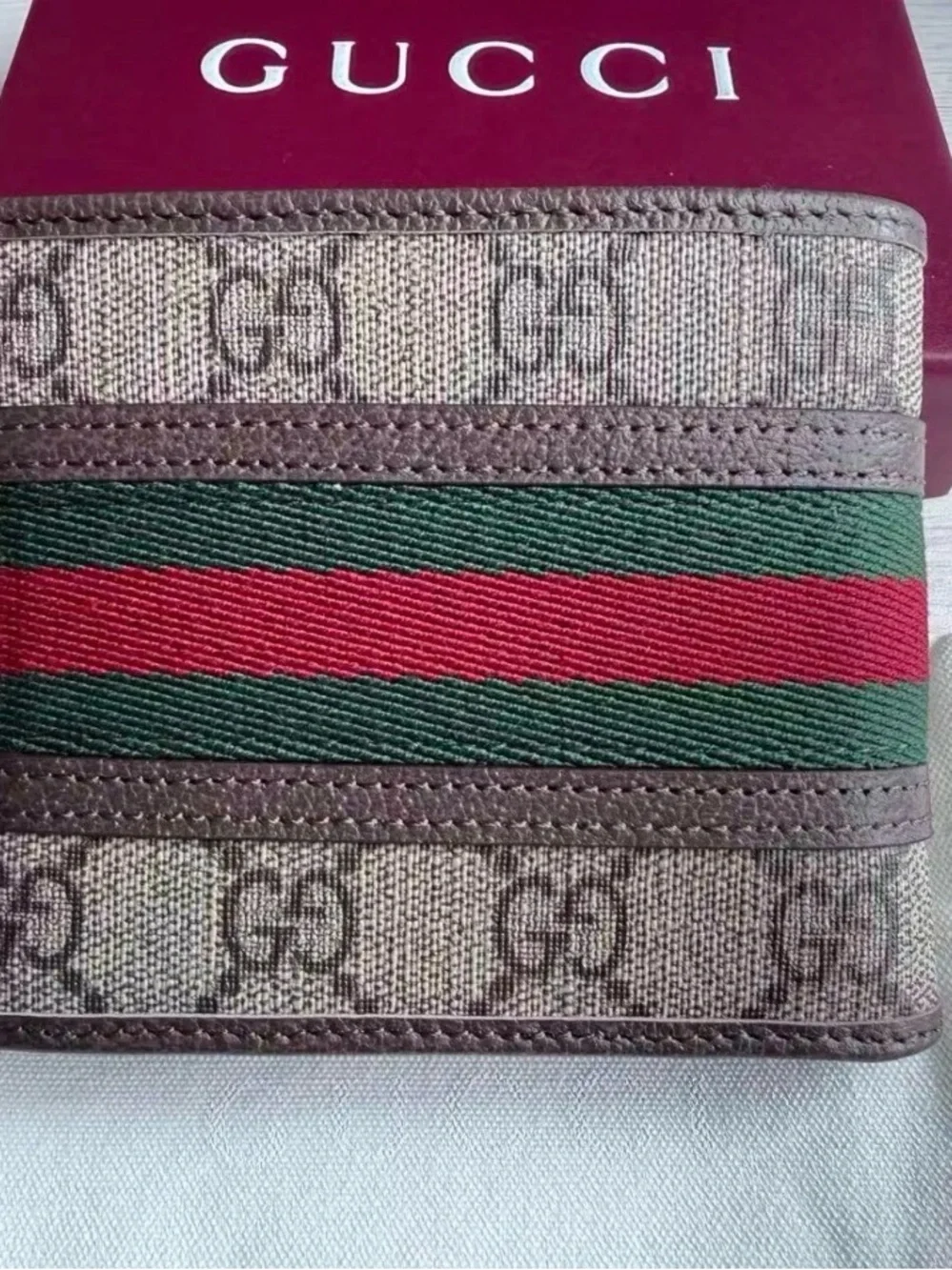 Gucci Brown Leather & Green-Red Web Stripe Card Holder with Gold GG